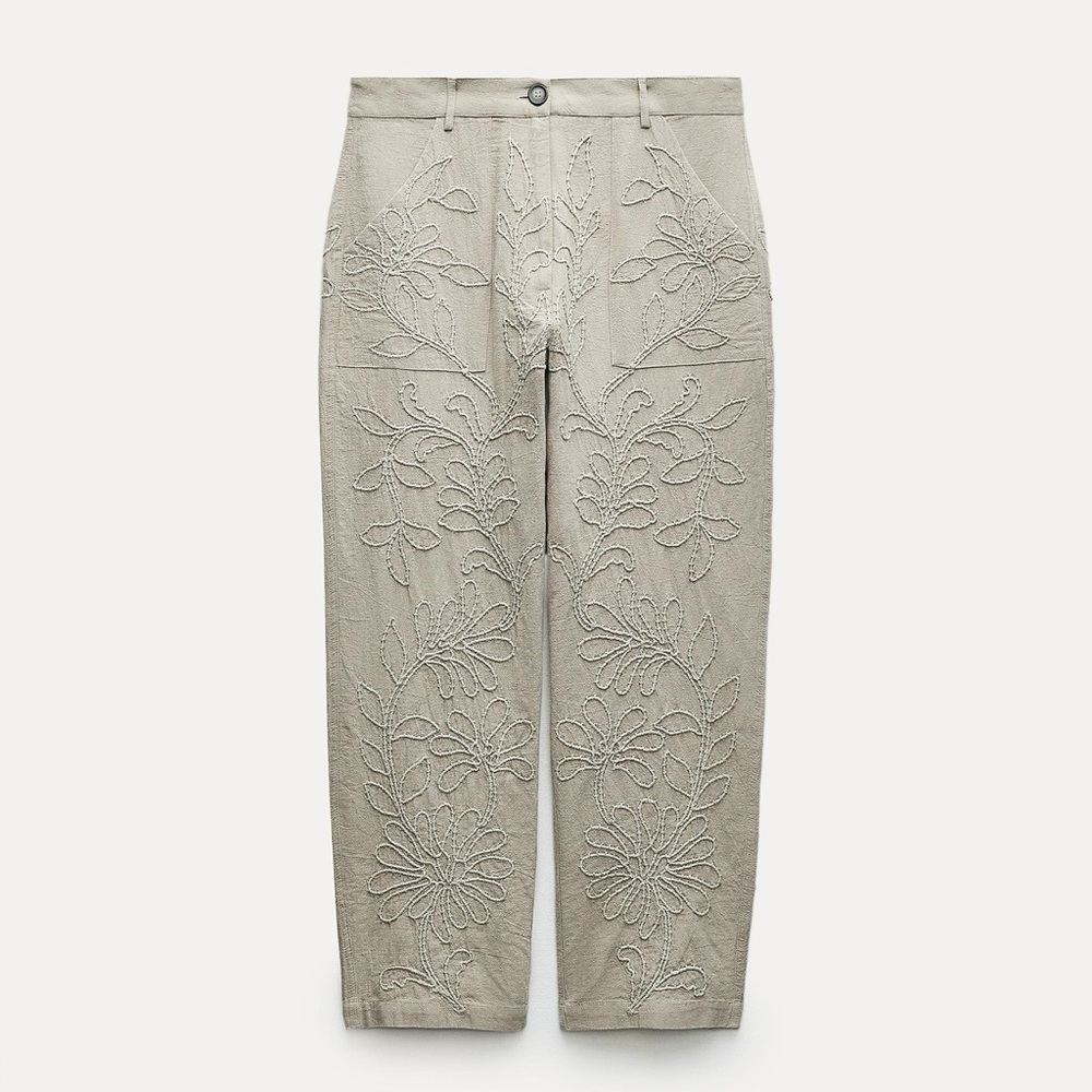 Zara |Floral Chinos ZW Collection Embroidered Trousers In Olive Green Size Small